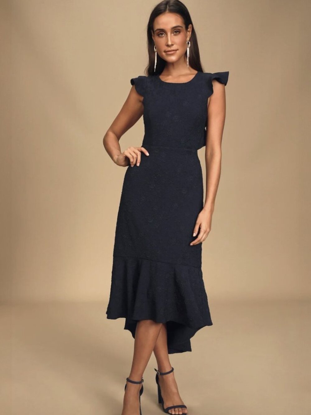Lulus Sophisticated Soiree Navy Blue Jacquard Backless High-Low Dress NWT - Picture 2 of 8